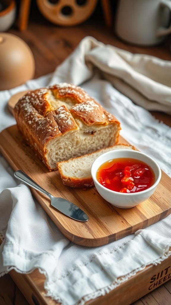 Freshly baked bread slices on a wooden board with a bowl of fruit jam, set in a cozy kitchen.